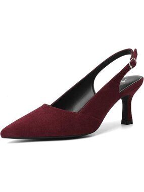 Women's Burgundy Suede Slingback Pointed Closed Toe Kitten Heels Pumps Shoes